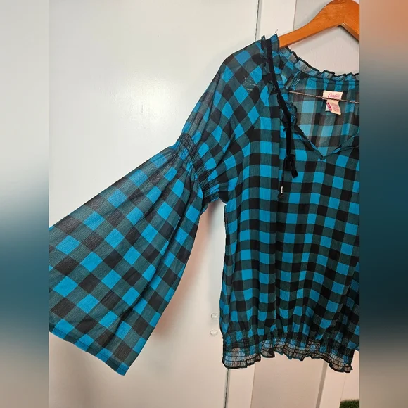 Candie's XL Blue & Black Plaid Sheer Blouse Bell Sleeve Velvet Tie Boho Top - Picture 3 of 9